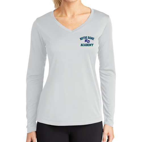Womens White Performance Long Sleeve V Neck Shirt-Notre Dame de La Baie Academy Notre Dame Academy ND Stacked 2 Color