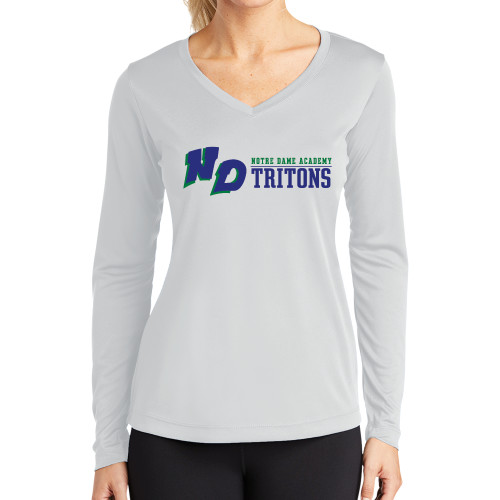 Womens White Performance Long Sleeve V Neck Shirt-Notre Dame de La Baie Academy Notre Dame AcademyTritons ND Flat