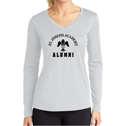 Womens White Performance Long Sleeve V Neck Shirt-St. Joseph Academy Alumni