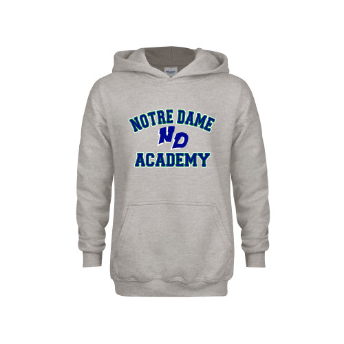Youth Grey Fleece Hood-Notre Dame de La Baie Academy Notre Dame Academy ND Stacked 2 Color