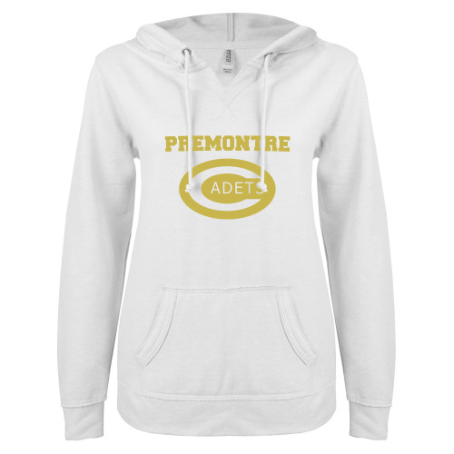 ENZA Womens White V Notch Raw Edge Fleece Hoodie-Premontre Cadets