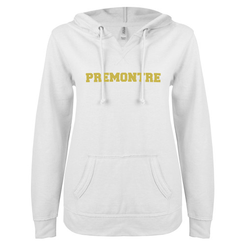 ENZA Womens White V Notch Raw Edge Fleece Hoodie-Premontre