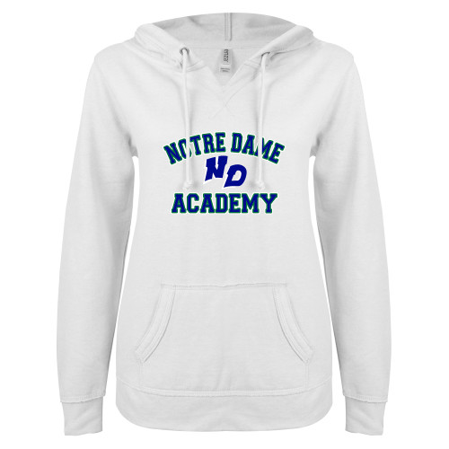 ENZA Womens White V Notch Raw Edge Fleece Hoodie-Notre Dame de La Baie Academy Notre Dame Academy ND Stacked 2 Color