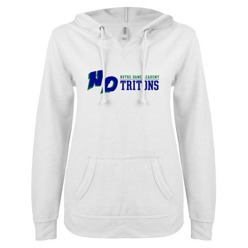 ENZA Womens White V Notch Raw Edge Fleece Hoodie-Notre Dame de La Baie Academy Notre Dame AcademyTritons ND Flat