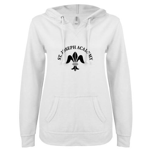 ENZA Womens White V Notch Raw Edge Fleece Hoodie-Notre Dame de La Baie Academy St. Joseph Academy