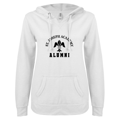 ENZA Womens White V Notch Raw Edge Fleece Hoodie-St. Joseph Academy Alumni