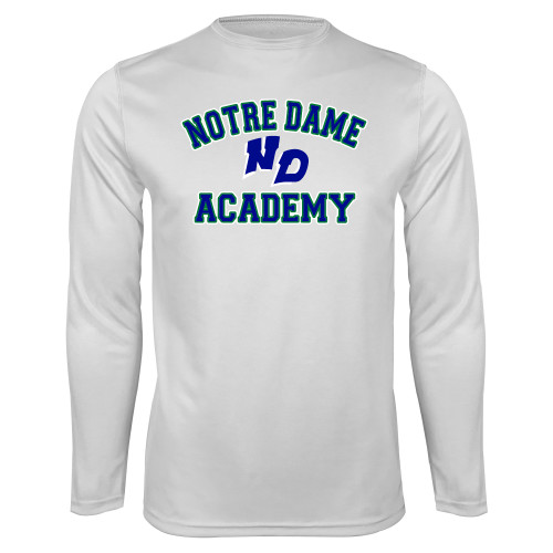 White Performance Long Sleeve Shirt-Notre Dame de La Baie Academy Notre Dame Academy ND Stacked 2 Color