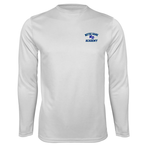 White Performance Long Sleeve Shirt-Notre Dame de La Baie Academy Notre Dame Academy ND Stacked 2 Color