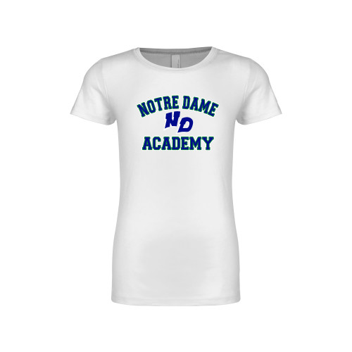 Next Level Girls White Fashion Fit T Shirt-Notre Dame de La Baie Academy Notre Dame Academy ND Stacked 2 Color