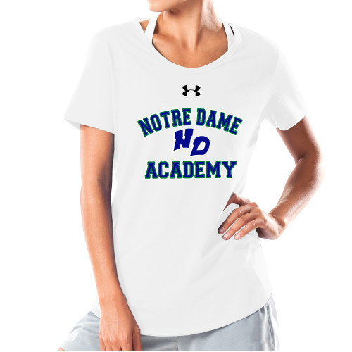 Under Armour Womens White Charged Cotton Tee-Notre Dame de La Baie Academy Notre Dame Academy ND Stacked 2 Color
