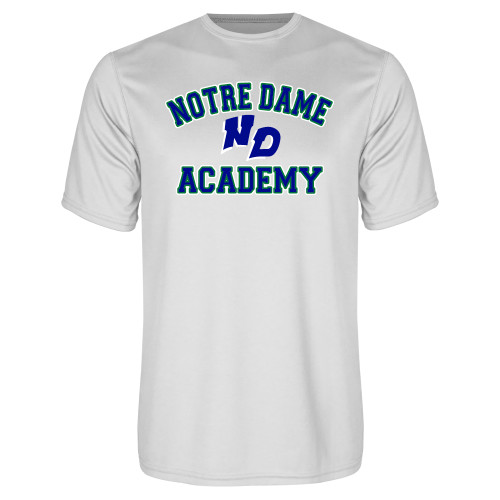 White Performance Tee-Notre Dame de La Baie Academy Notre Dame Academy ND Stacked 2 Color