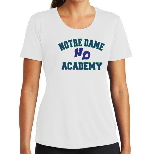 Womens White Performance Tee-Notre Dame de La Baie Academy Notre Dame Academy ND Stacked 2 Color
