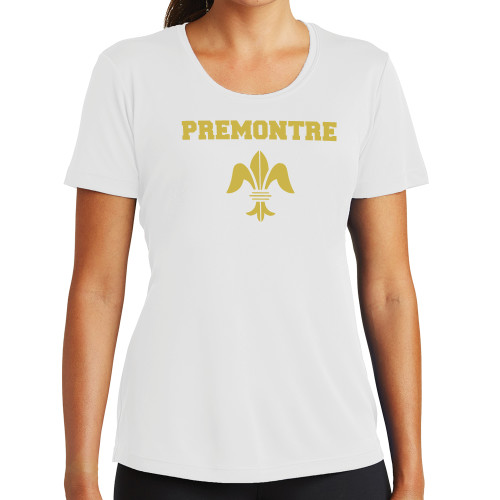 Womens White Performance Tee-Fleur de Lis Premontre Stacked