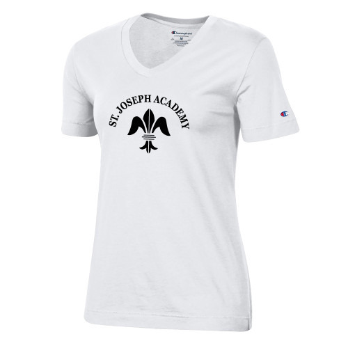 Champion Womens White VNeck Tee-Notre Dame de La Baie Academy St. Joseph Academy