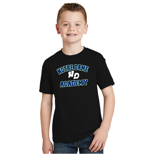 Youth Black T Shirt-Notre Dame de La Baie Academy Notre Dame Academy ND Stacked 2 Color