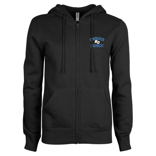 ENZA Womens Black Fleece Full Zip Hoodie-Notre Dame de La Baie Academy Notre Dame Academy ND Stacked 2 Color