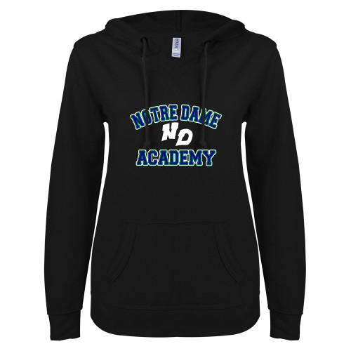 ENZA Womens Black V Notch Raw Edge Fleece Hoodie-Notre Dame de La Baie Academy Notre Dame Academy ND Stacked 2 Color