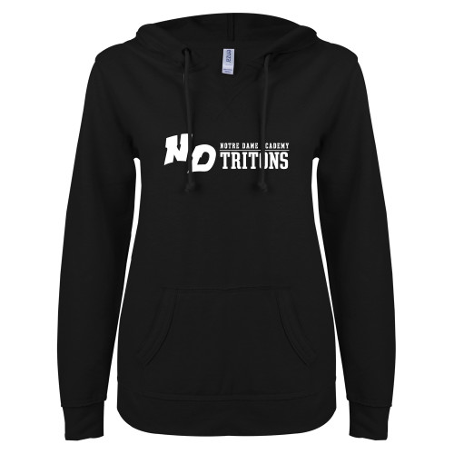 ENZA Womens Black V Notch Raw Edge Fleece Hoodie-Notre Dame de La Baie Academy Notre Dame AcademyTritons ND Flat