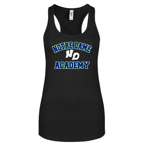Next Level Womens Black Racerback Tank -Notre Dame de La Baie Academy Notre Dame Academy ND Stacked 2 Color