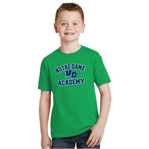 Youth Kelly Green T Shirt-Notre Dame de La Baie Academy Notre Dame Academy ND Stacked 2 Color