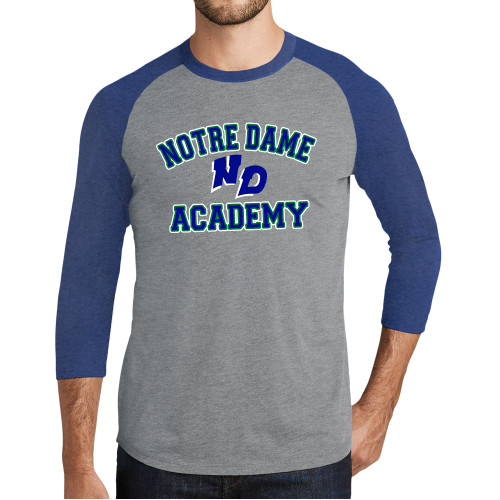 Grey/Royal Heather Triblend Baseball Raglan Tee-Notre Dame de La Baie Academy Notre Dame Academy ND Stacked 2 Color