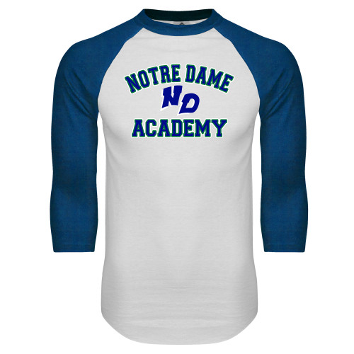 White/Royal Raglan Baseball T Shirt-Notre Dame de La Baie Academy Notre Dame Academy ND Stacked 2 Color