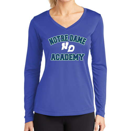 Womens Royal Performance Long Sleeve V Neck Shirt-Notre Dame de La Baie Academy Notre Dame Academy ND Stacked 2 Color