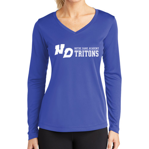 Womens Royal Performance Long Sleeve V Neck Shirt-Notre Dame de La Baie Academy Notre Dame AcademyTritons ND Flat