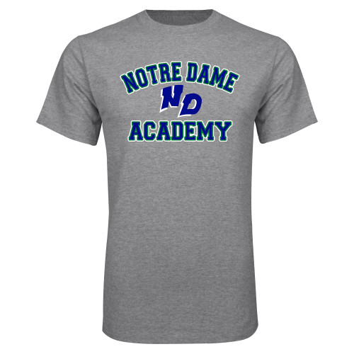 Grey T Shirt-Notre Dame de La Baie Academy Notre Dame Academy ND Stacked 2 Color