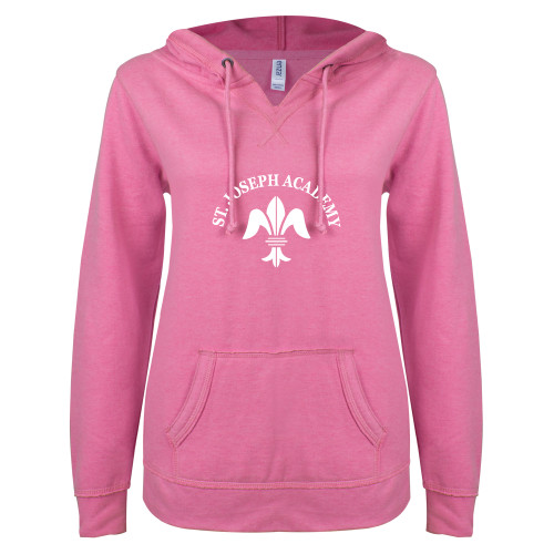 ENZA Womens Hot Pink V Notch Raw Edge Fleece Hoodie-Notre Dame de La Baie Academy St. Joseph Academy