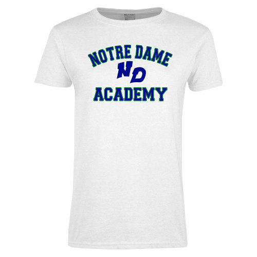 Womens White Short Sleeve Tee-Notre Dame de La Baie Academy Notre Dame Academy ND Stacked 2 Color