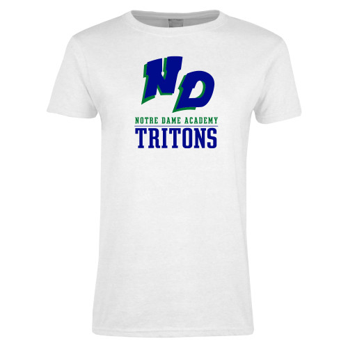 Womens White Short Sleeve Tee-Notre Dame de La Baie Academy Notre Dame AcademyTritons ND Stacked