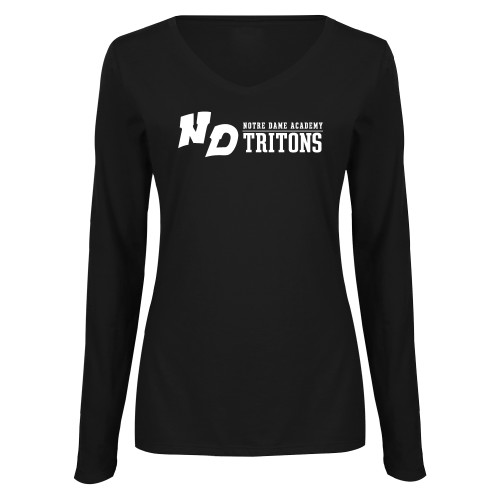 Womens Black Long Sleeve V Neck Tee -Notre Dame de La Baie Academy Notre Dame AcademyTritons ND Flat