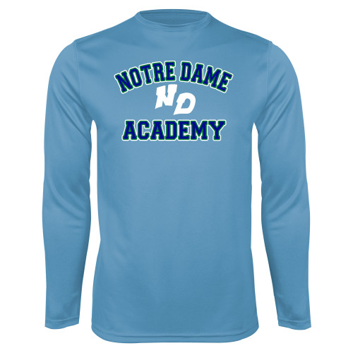 Light Blue Performance Long Sleeve Shirt-Notre Dame de La Baie Academy Notre Dame Academy ND Stacked 2 Color