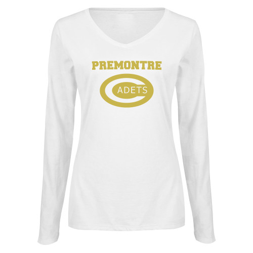 Womens White Long Sleeve V Neck Tee-Premontre Cadets