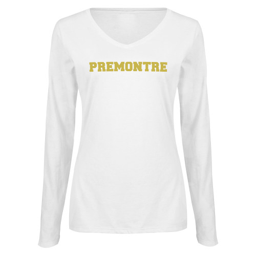 Womens White Long Sleeve V Neck Tee-Premontre