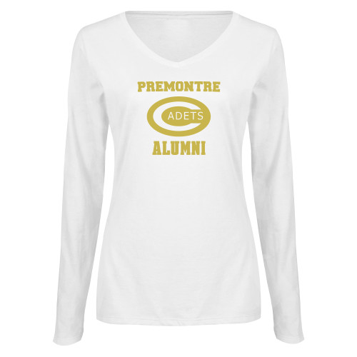 Womens White Long Sleeve V Neck Tee-Premontre Alumni