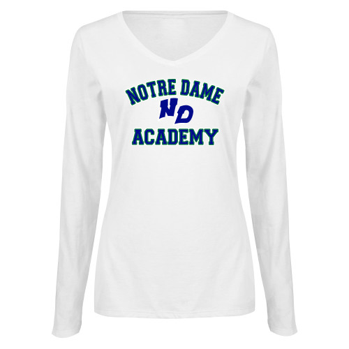 Womens White Long Sleeve V Neck Tee-Notre Dame de La Baie Academy Notre Dame Academy ND Stacked 2 Color