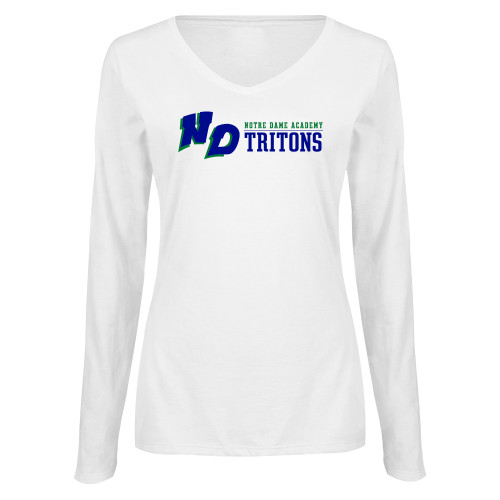 Womens White Long Sleeve V Neck Tee-Notre Dame de La Baie Academy Notre Dame AcademyTritons ND Flat