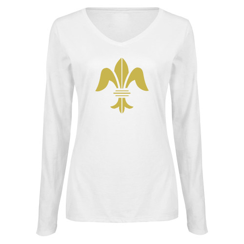 Womens White Long Sleeve V Neck Tee-Fleur de Lis Premontre