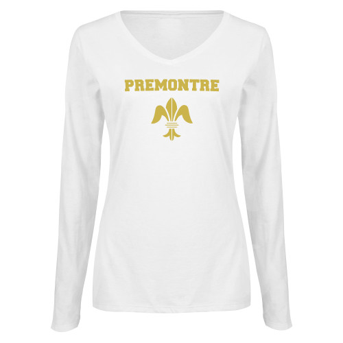 Womens White Long Sleeve V Neck Tee-Fleur de Lis Premontre Stacked