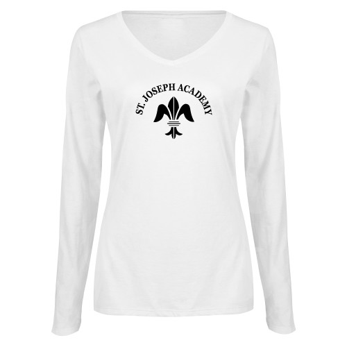 Womens White Long Sleeve V Neck Tee-Notre Dame de La Baie Academy St. Joseph Academy