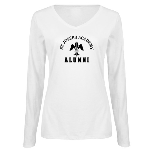 Womens White Long Sleeve V Neck Tee-St. Joseph Academy Alumni
