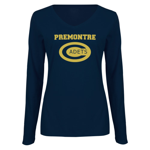 Womens Navy Long Sleeve V Neck Tee-Premontre Cadets