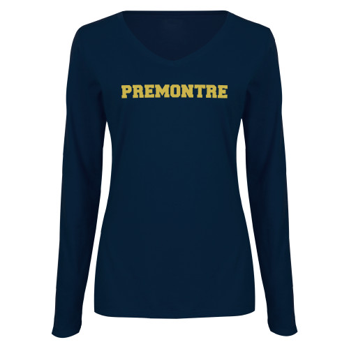 Womens Navy Long Sleeve V Neck Tee-Premontre
