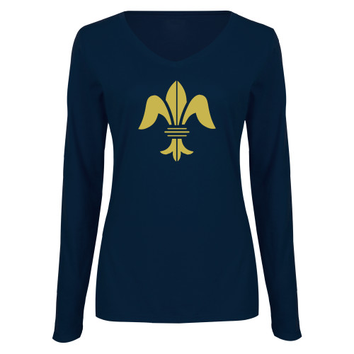 Womens Navy Long Sleeve V Neck Tee-Fleur de Lis Premontre