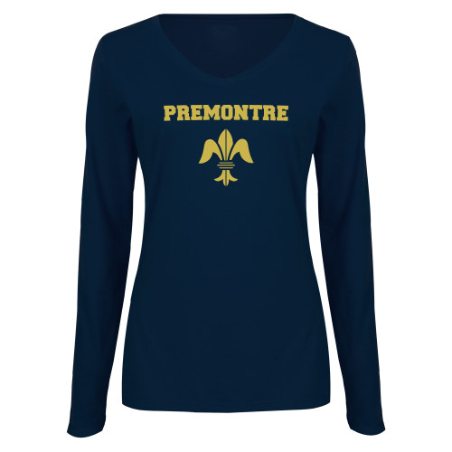 Womens Navy Long Sleeve V Neck Tee-Fleur de Lis Premontre Stacked