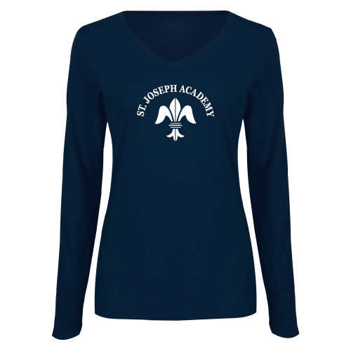 Womens Navy Long Sleeve V Neck Tee-Notre Dame de La Baie Academy St. Joseph Academy
