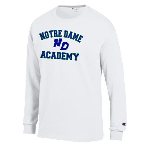Champion White Long Sleeve T Shirt-Notre Dame de La Baie Academy Notre Dame Academy ND Stacked 2 Color