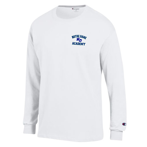 Champion White Long Sleeve T Shirt-Notre Dame de La Baie Academy Notre Dame Academy ND Stacked 2 Color